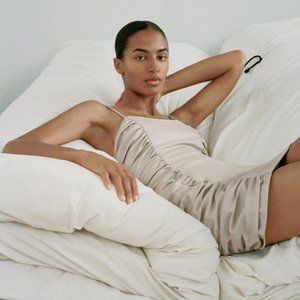 Zara Beige Satin Ruched Mini Dress
